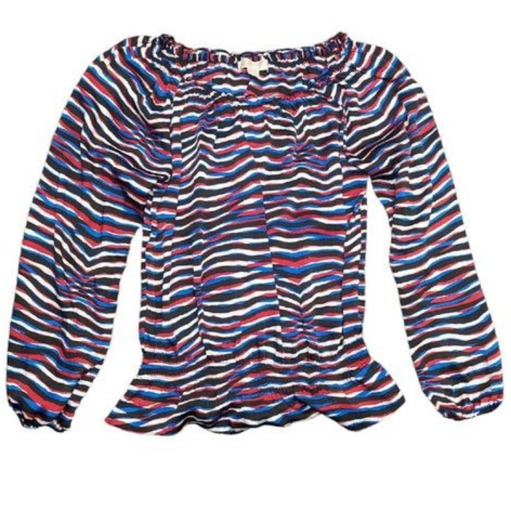 Michael Kors Striped Long Sleeve Blouse Elastic Neck Peplum Top Women's Shirt XS